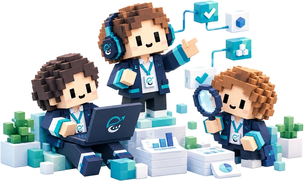 Equipo voxel de Ethirio trabajando con portátil, lupa y gráficas