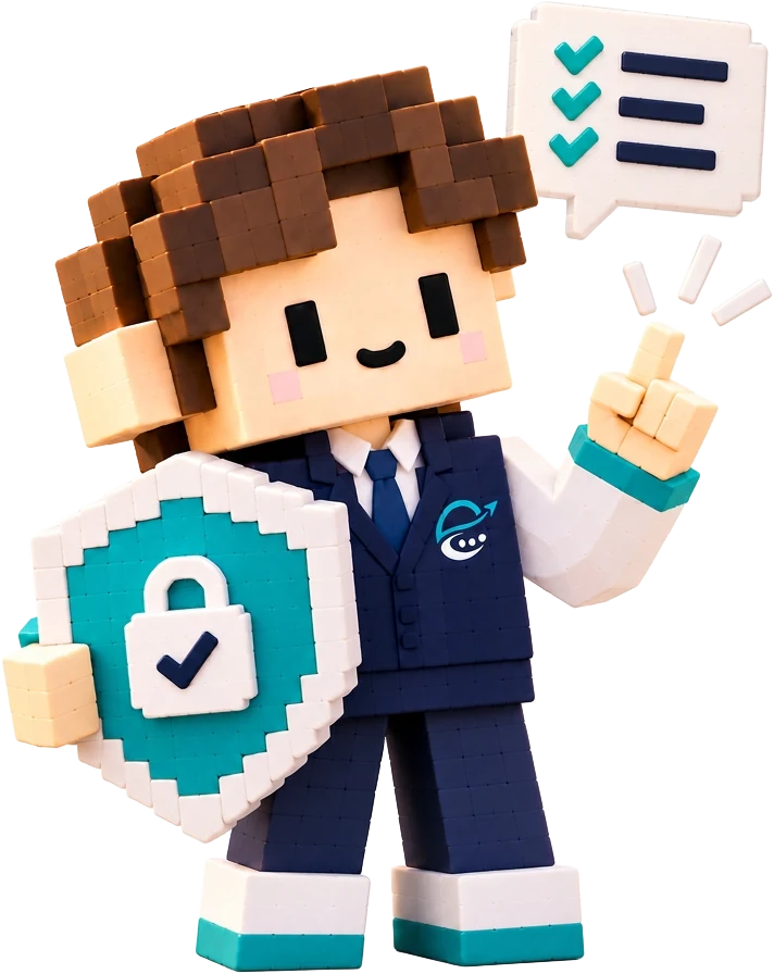 Personaje Ethirio con escudo de seguridad y lista de reglas de uso de la IA