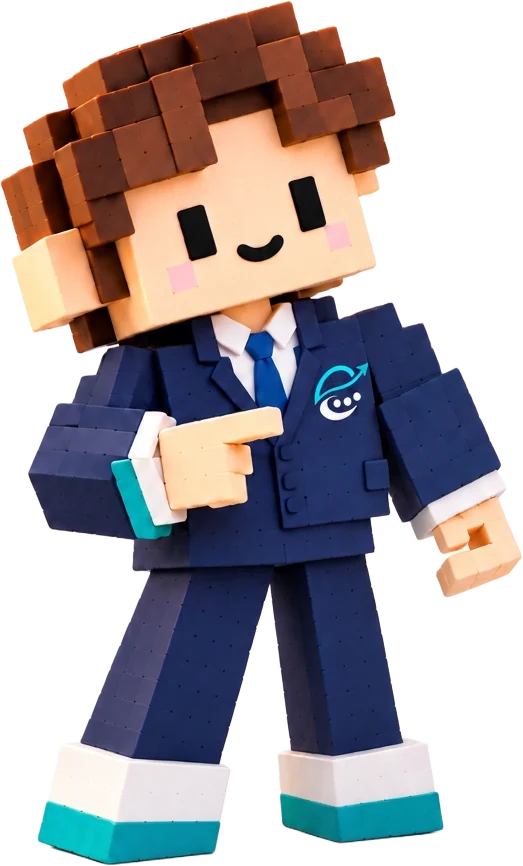 Personaje voxel de Ethirio con traje señalando el texto