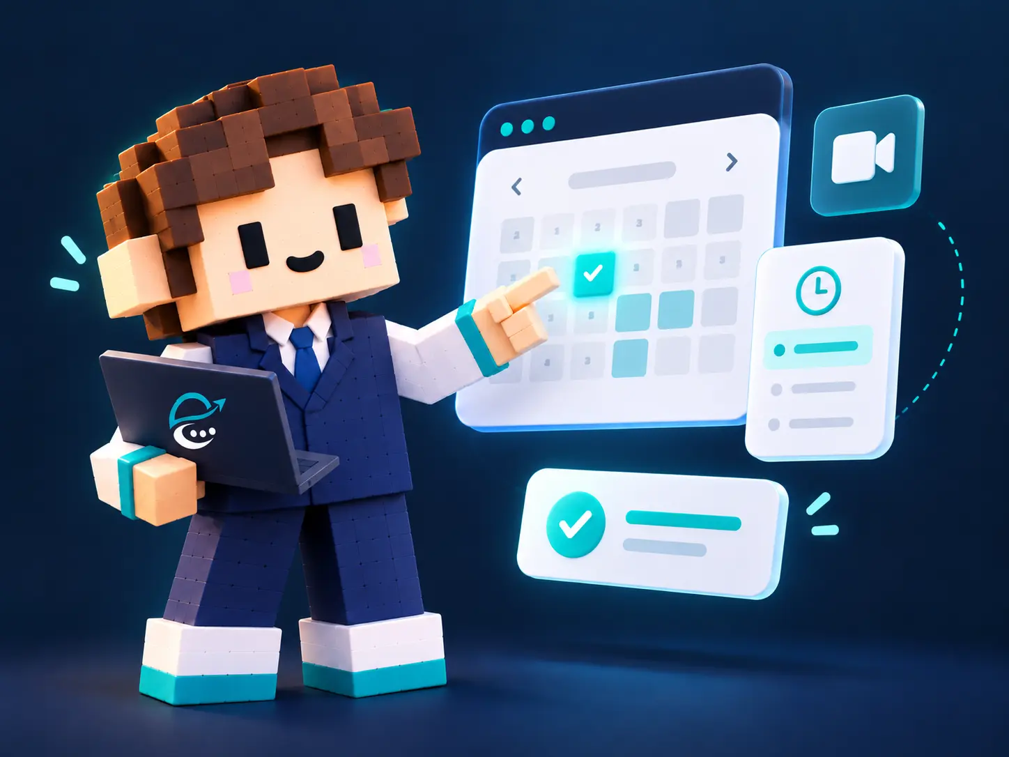 Personaje voxel de Ethirio señalando un día disponible en un calendario digital