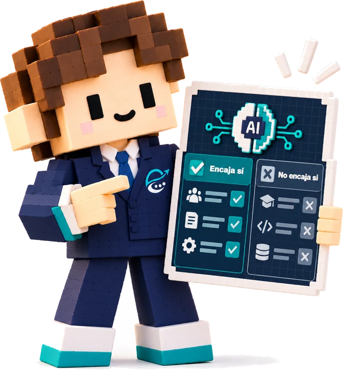 Personaje voxel de Ethirio mostrando un panel con Encaja si y No encaja si