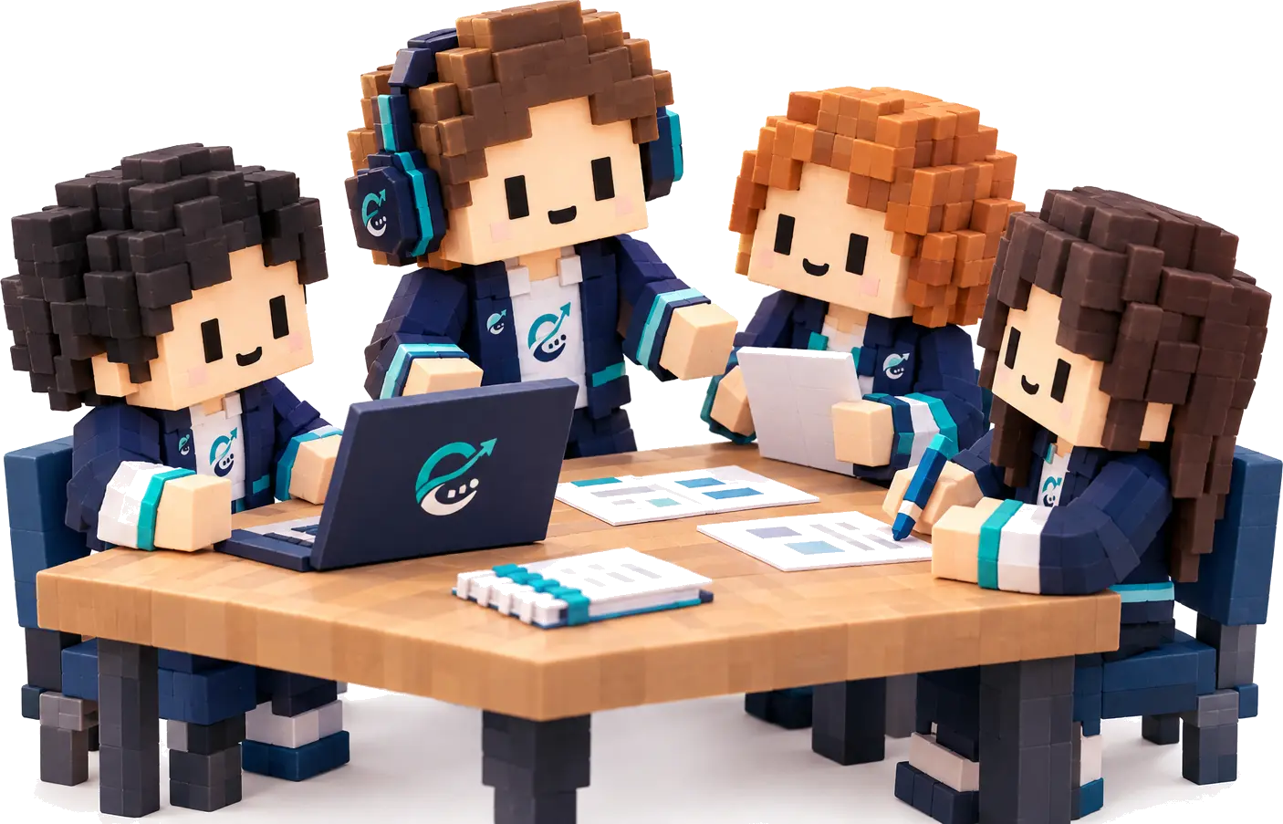 Equipo de Ethirio trabajando alrededor de una mesa con un portátil y documentos
